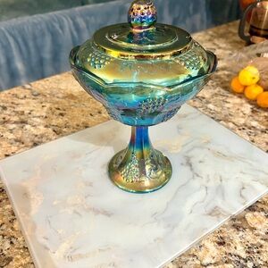 Iridescent Carnival Glass Covered Compote - Blue/Green